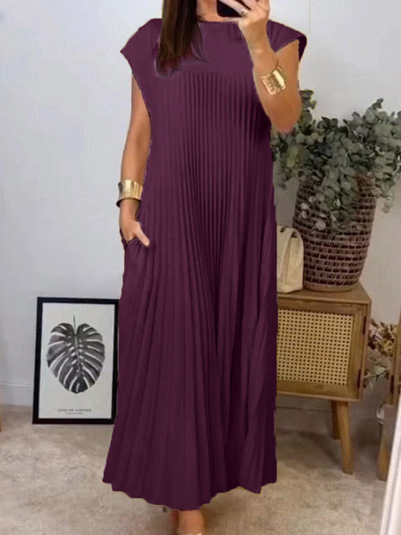 Pleated Cap-Sleeve Maxi Dress