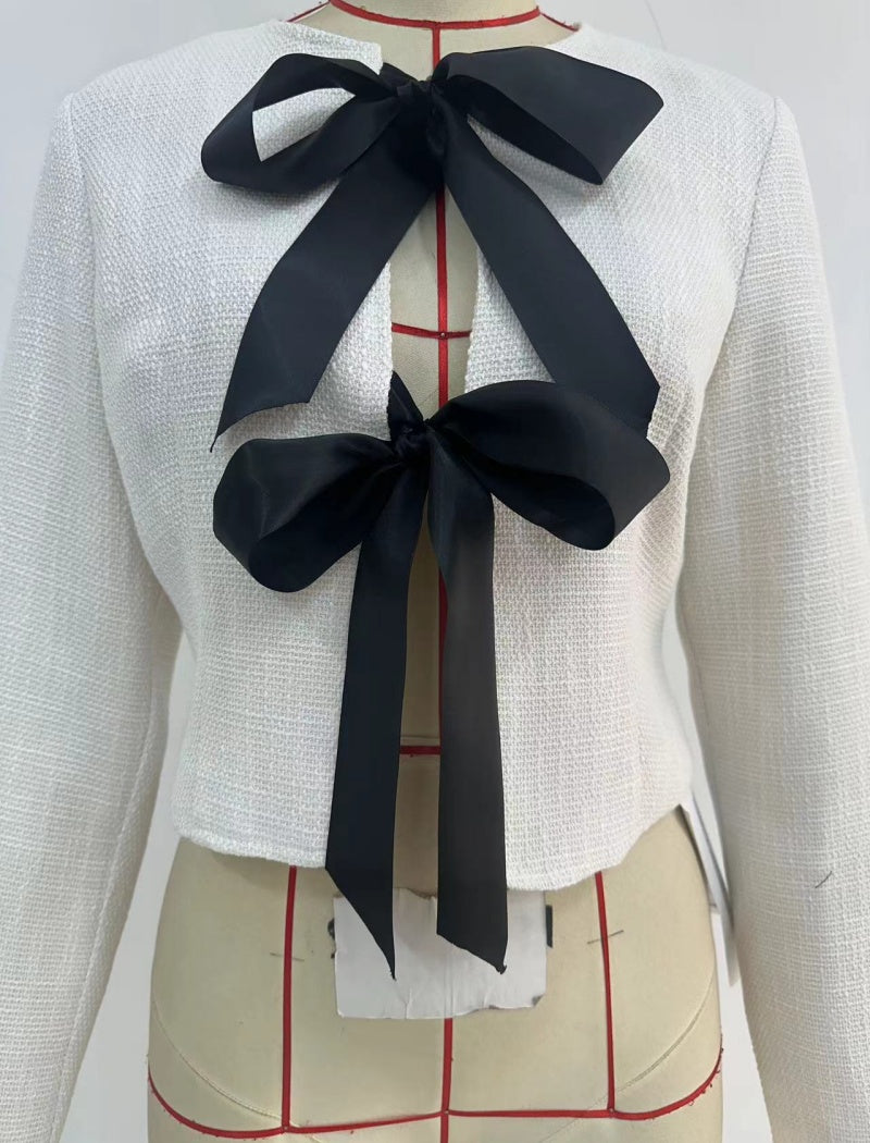Bow-Accented Cropped Tweed Jacket