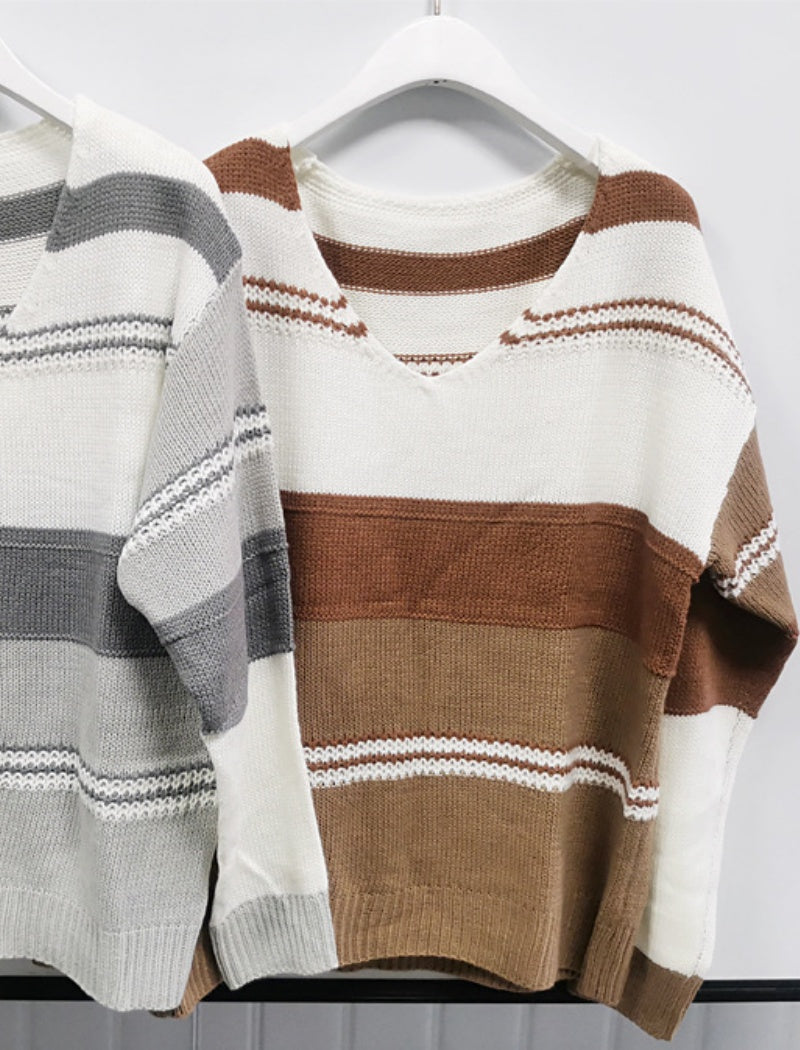 V-Neck Striped Knit Pullover Sweater