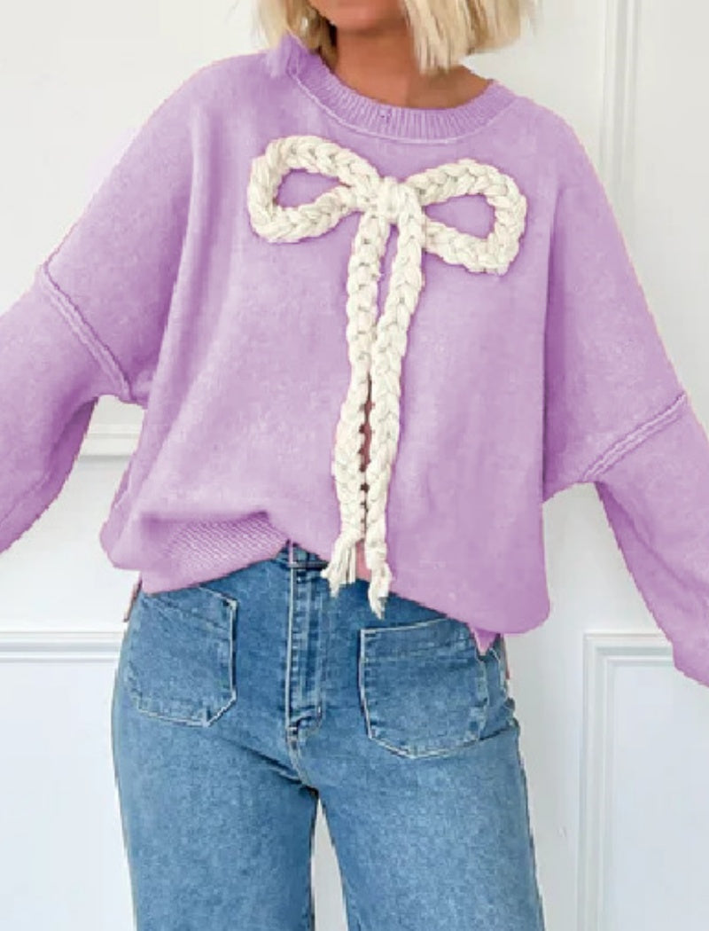 Oversized Sweater with Braided Bow Accent
