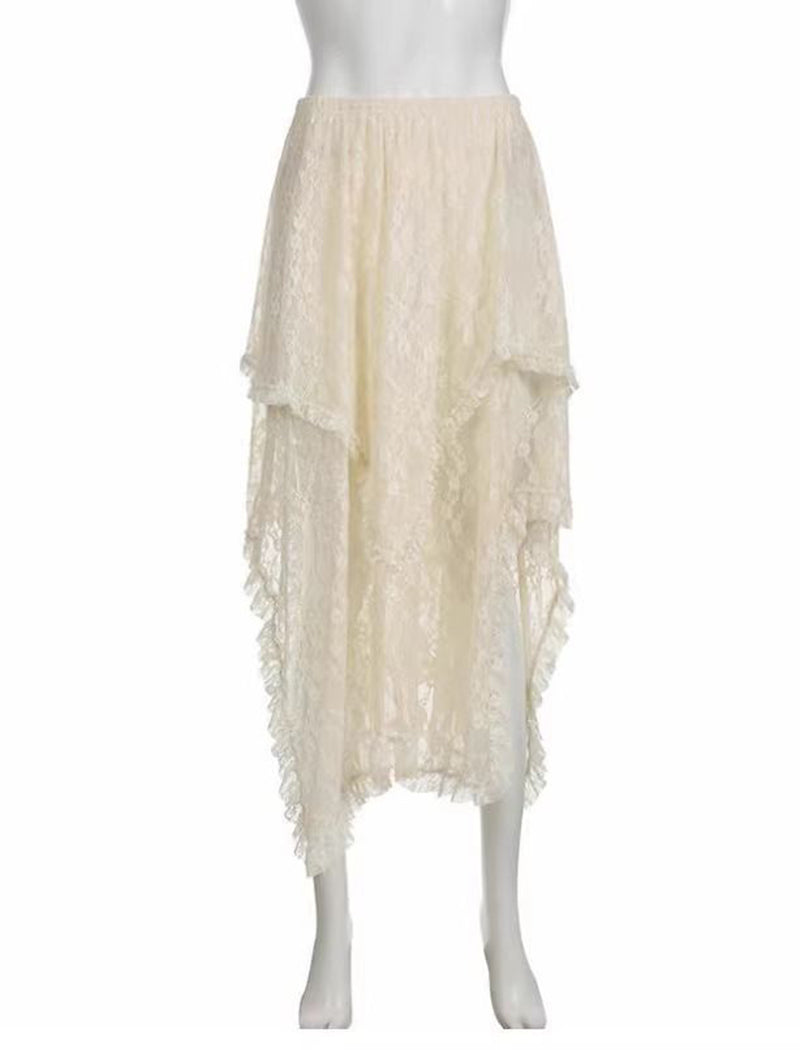 Asymmetrical Layered Lace Midi Skirt