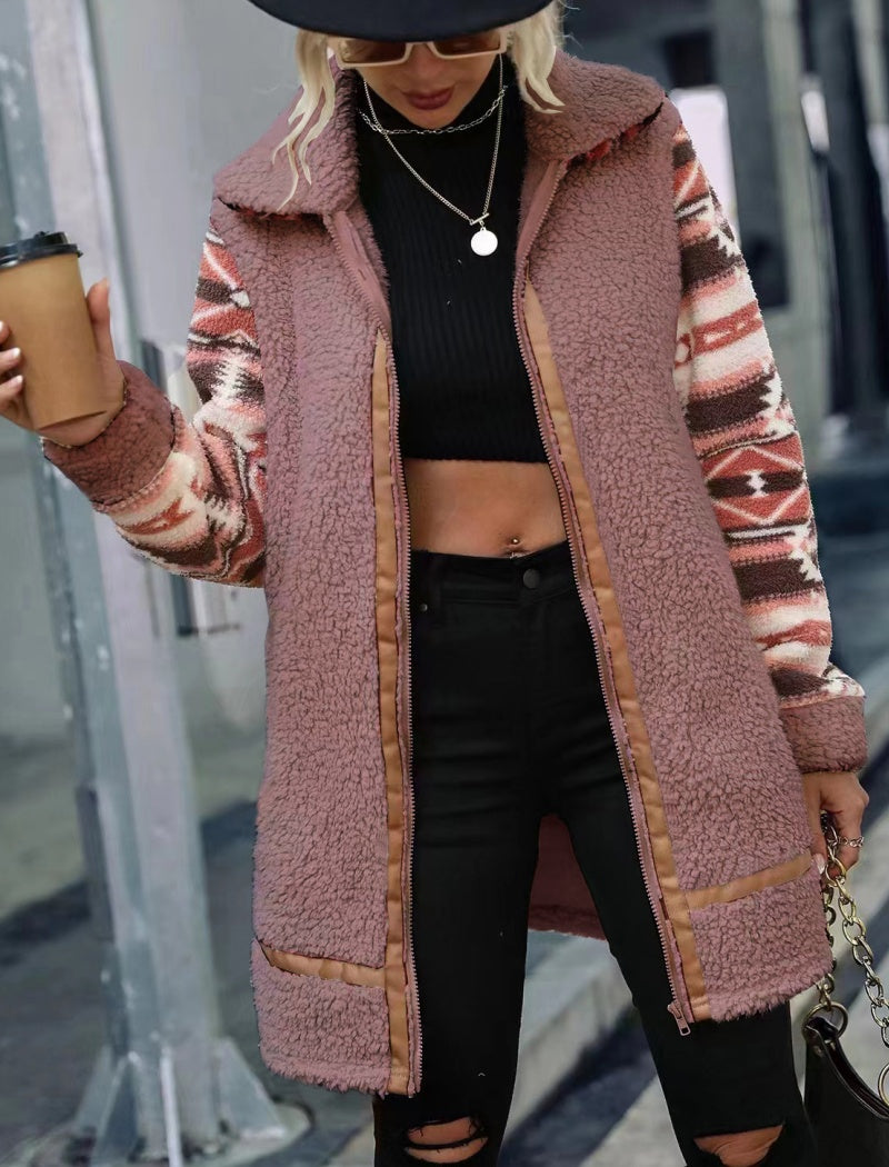 Colorblock Printed Long Coat with Lapels