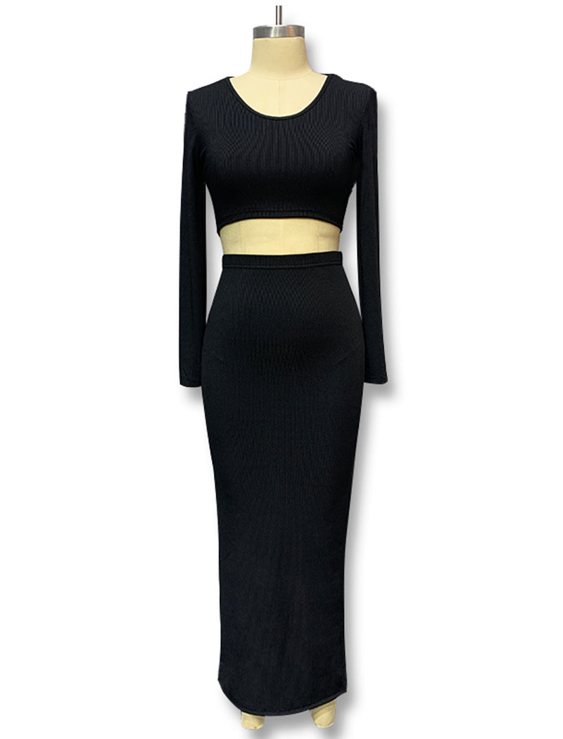Solid Knit Crewneck Top and Slit Long Skirt Set