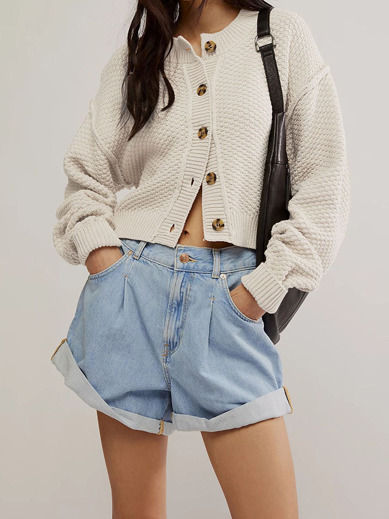 Cropped Button-Up Textured Sweater