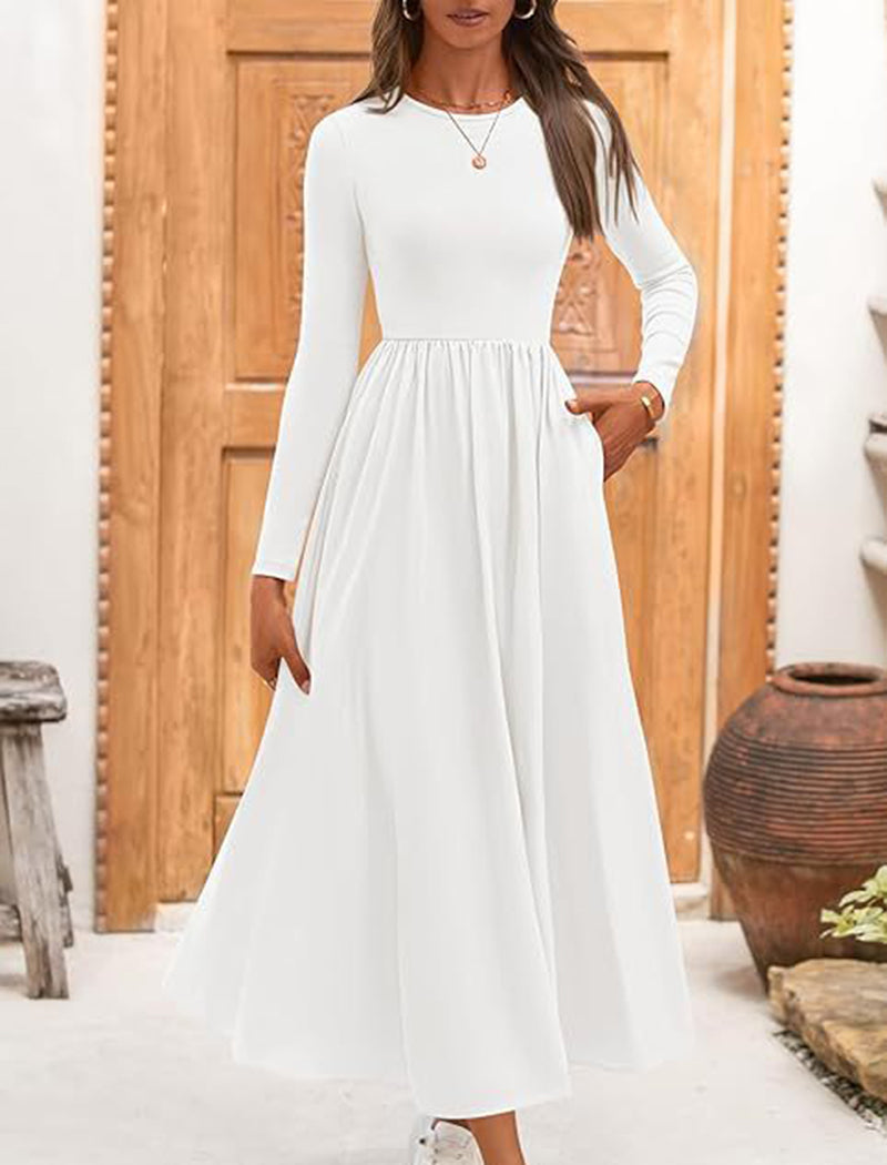 Long-Sleeve Pleated Midi Dress