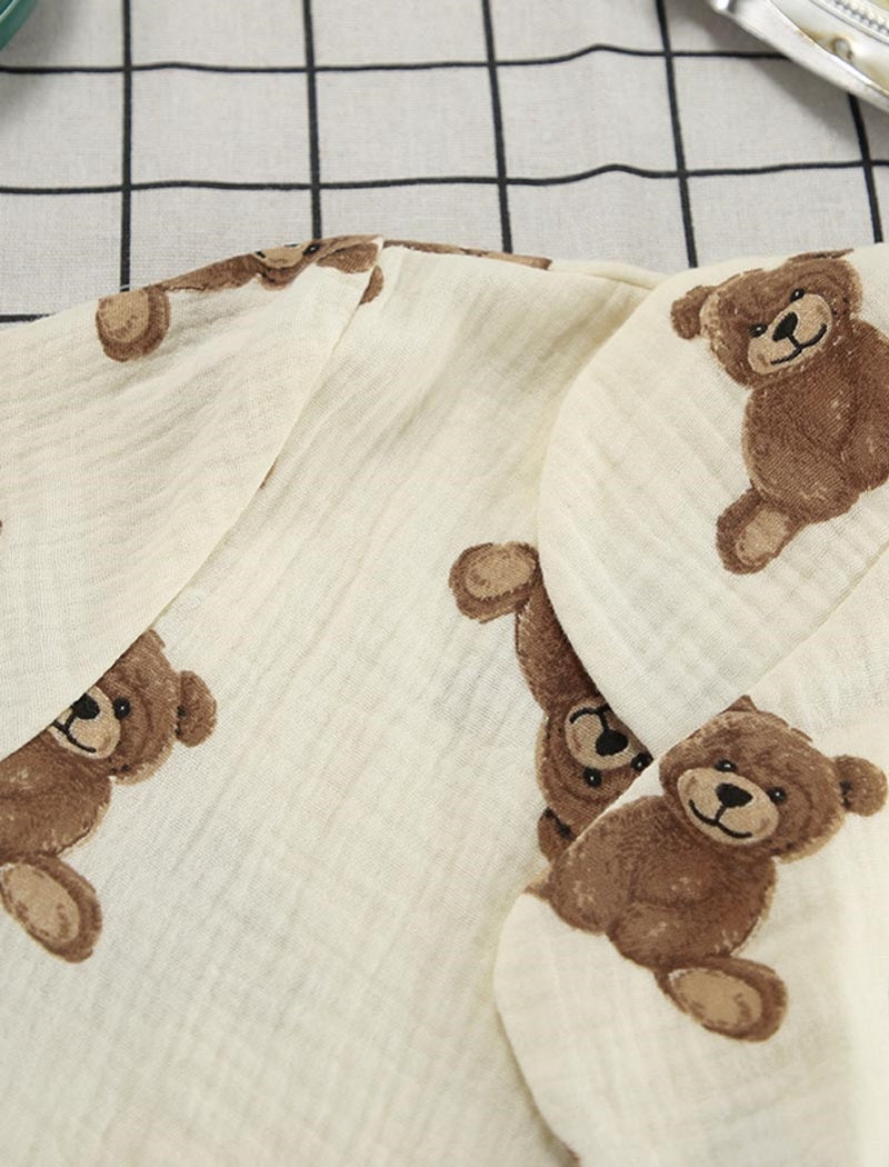 Teddy Bear Print Button-Up Pajama Set