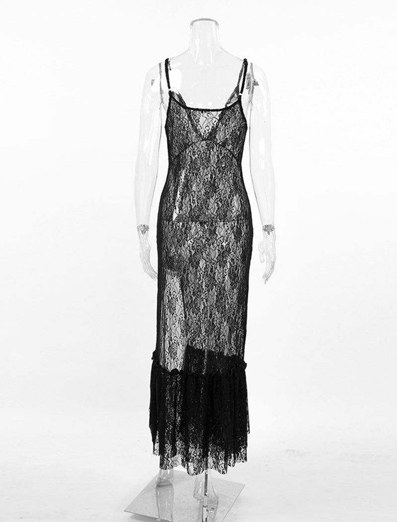 Sexy Lace Sheer Cami High Slit Nightgown