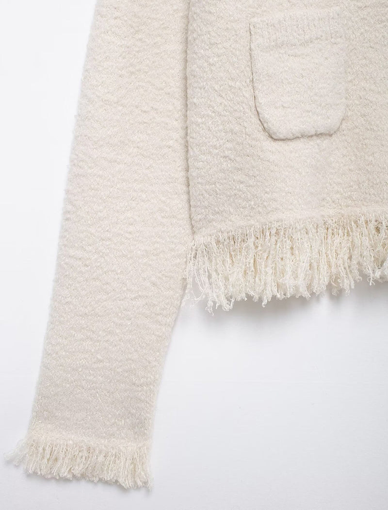 Bow-Detail Fringe Trim Tweed Cardigan