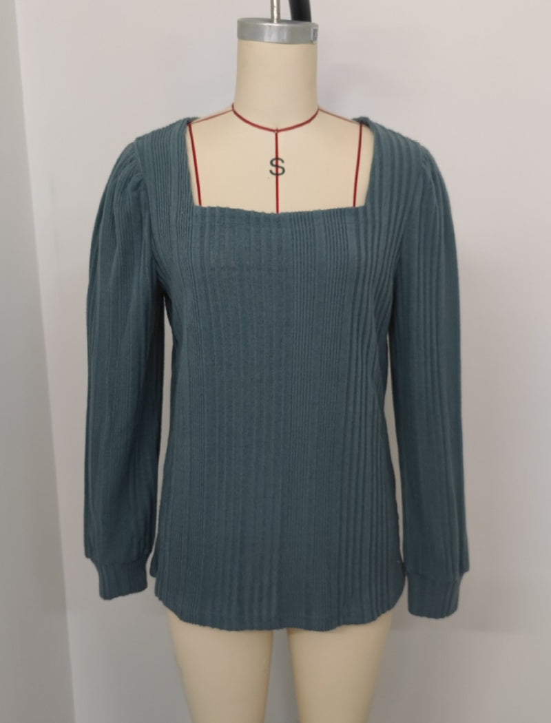 Ribbed Square Neck Long Sleeve Casual Top