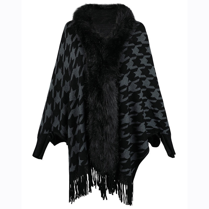 Colorblock Houndstooth Fur Collar Shawl Coat