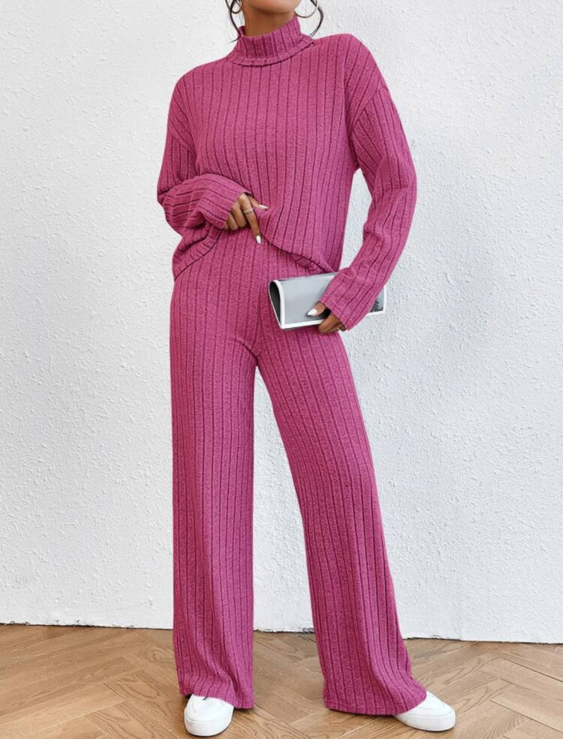 Ribbed Knit Long Sleeve Top and Pants Set