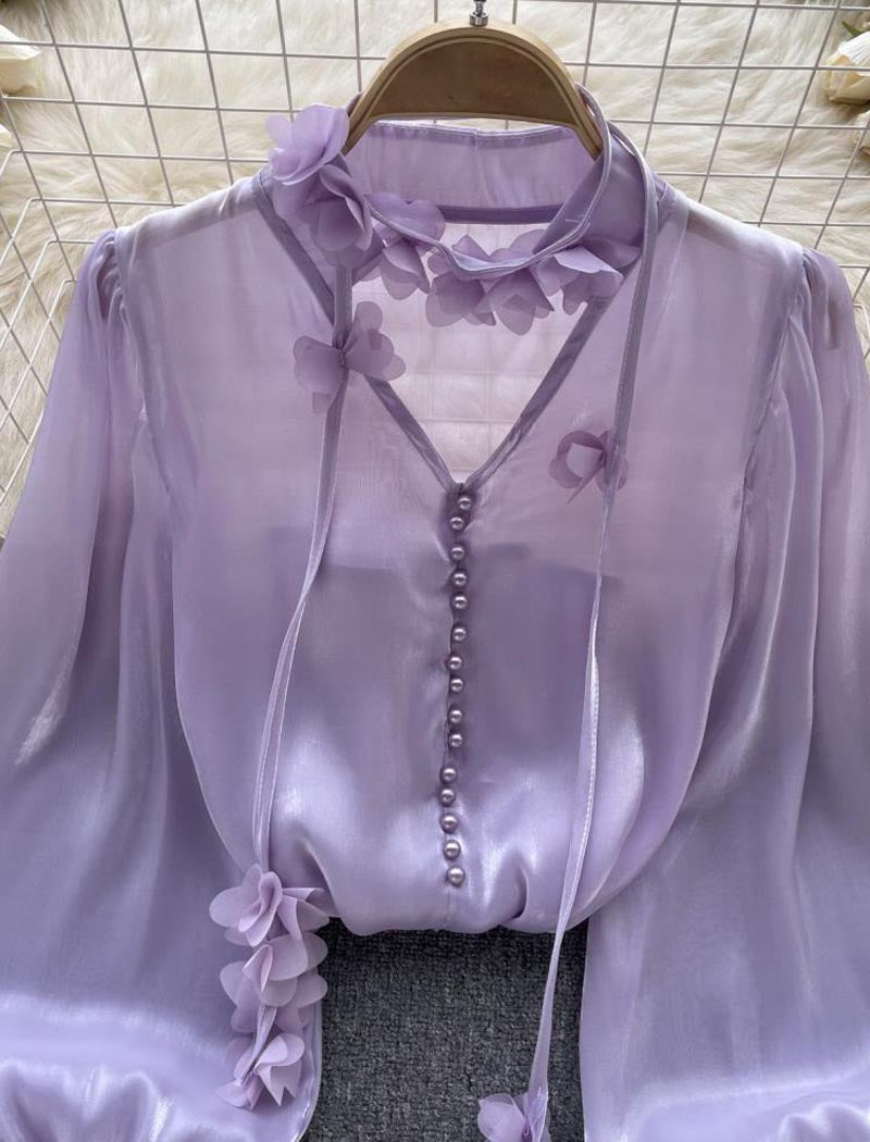 Floral Applique Blouse With Puff Sleeves