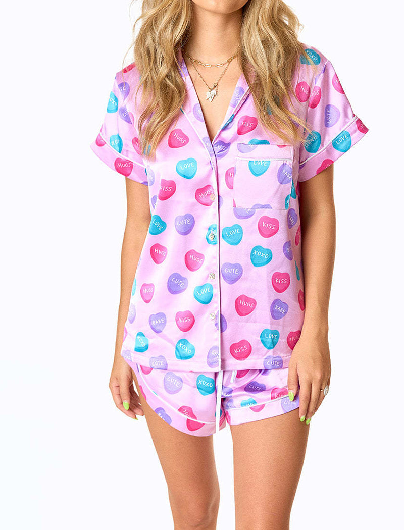Printed Satin Short Sleeve Shirt and Shorts Set