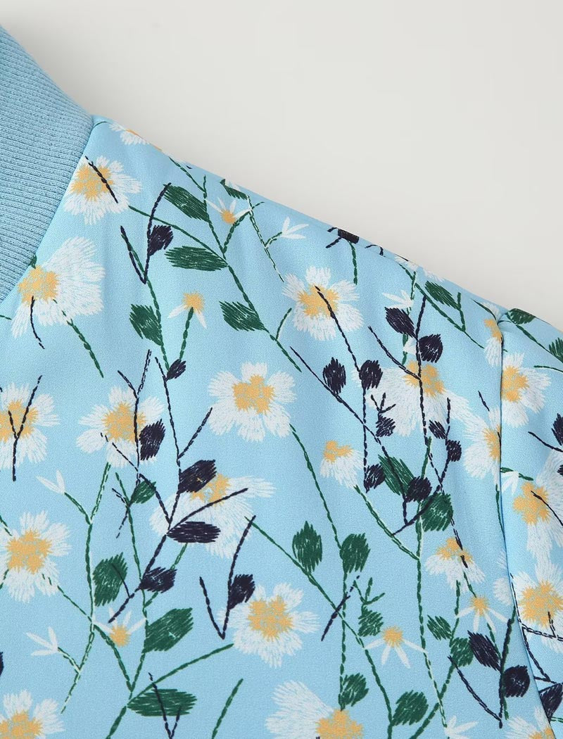 Floral Print Zipper Bomber Quilted Jacket