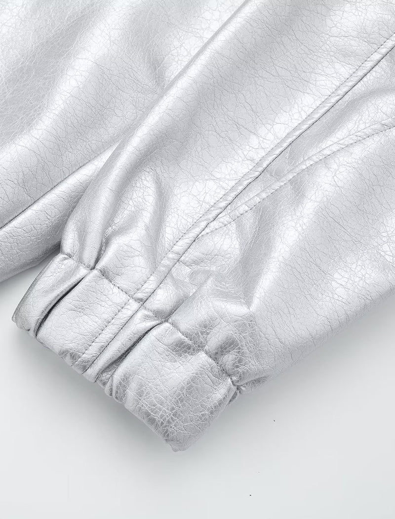 Metallic Zip-Up Cropped Bomber Jacket