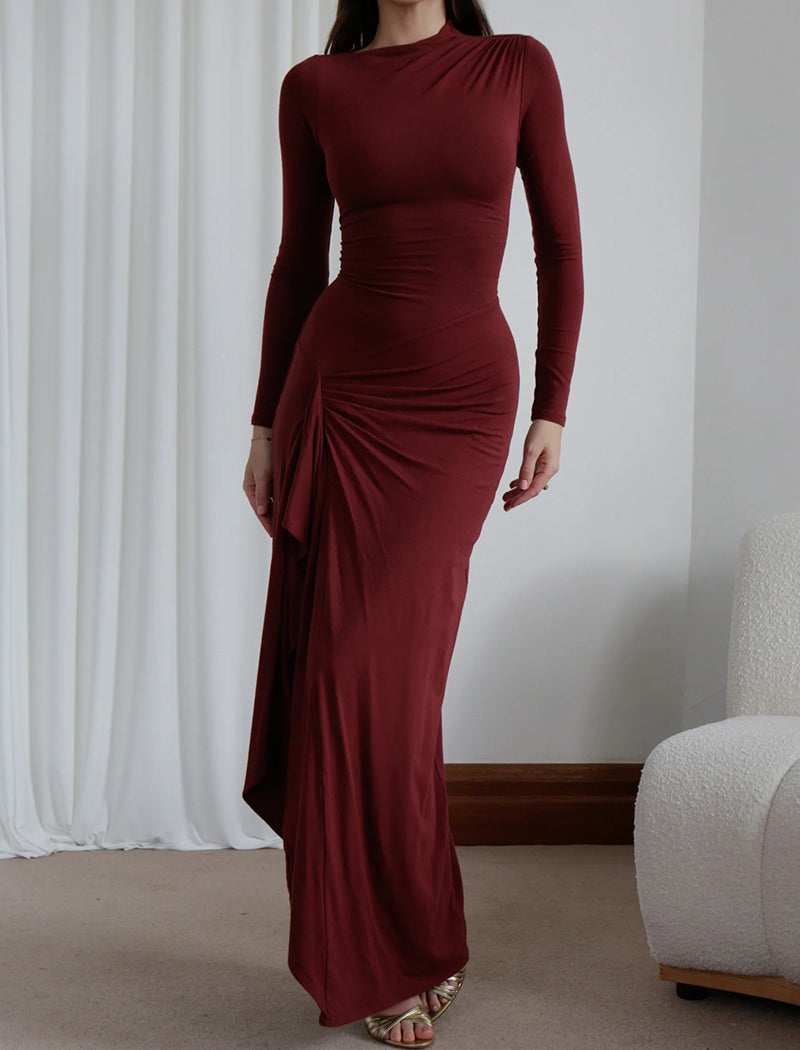 Long-Sleeve Fitted Maxi Dress with Ruched Detail