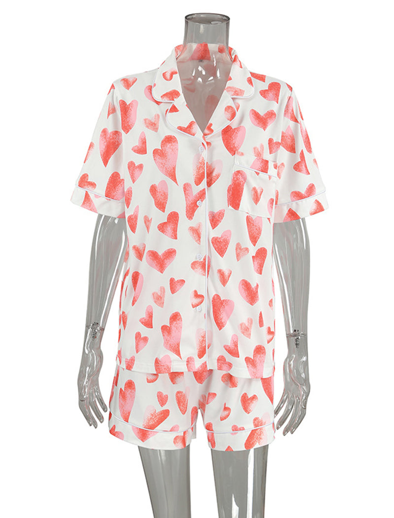 Button-Up Heart Print Short Pajama Set