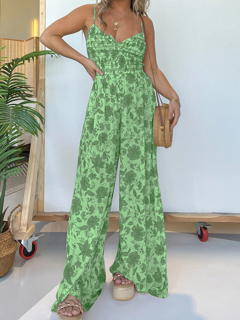 Floral Print Smocked Wide-Leg Jumpsuit