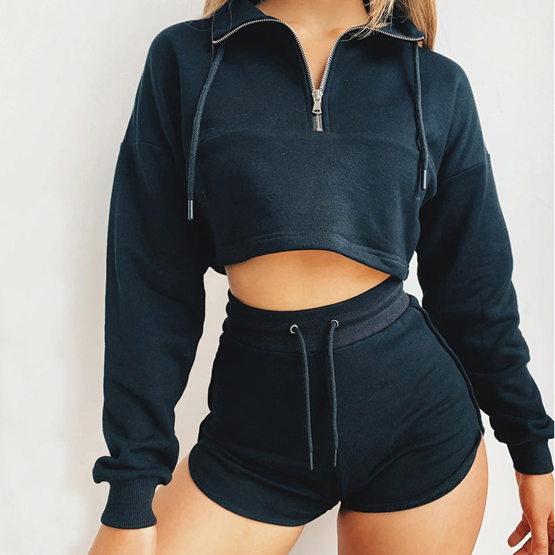 Zip-Up Cropped Top and Drawstring Shorts Set