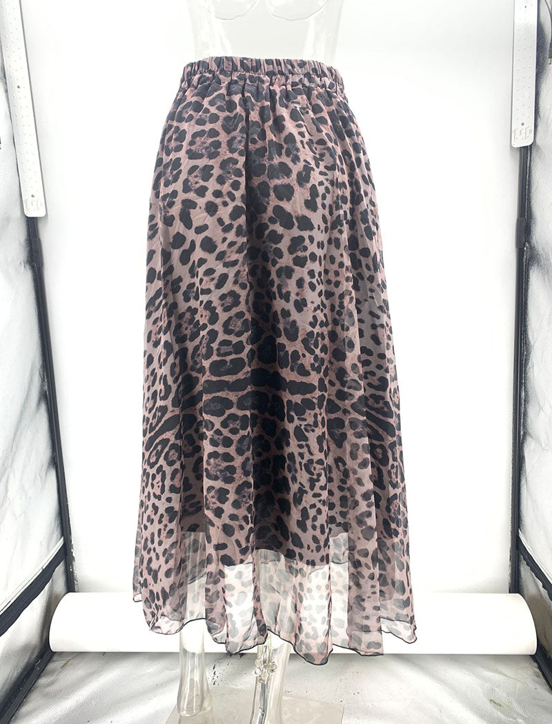 Leopard Print Tulle Overlay Midi Skirt