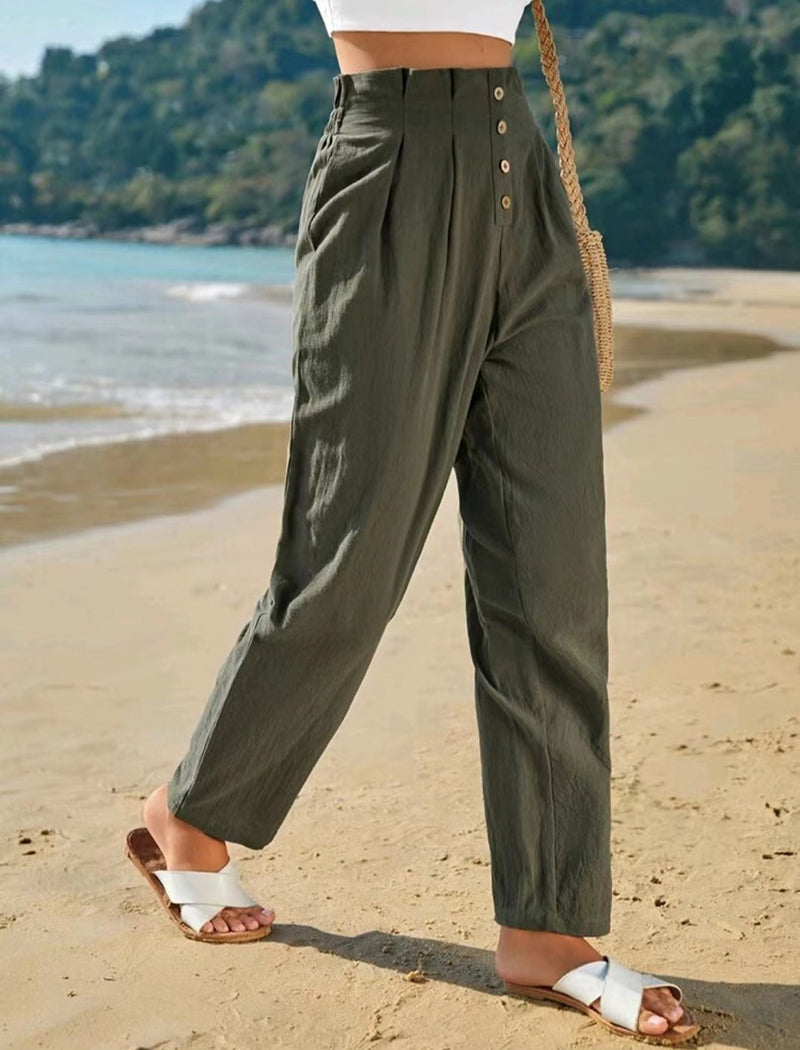 High-Waist Buttoned Wide-Leg Pants
