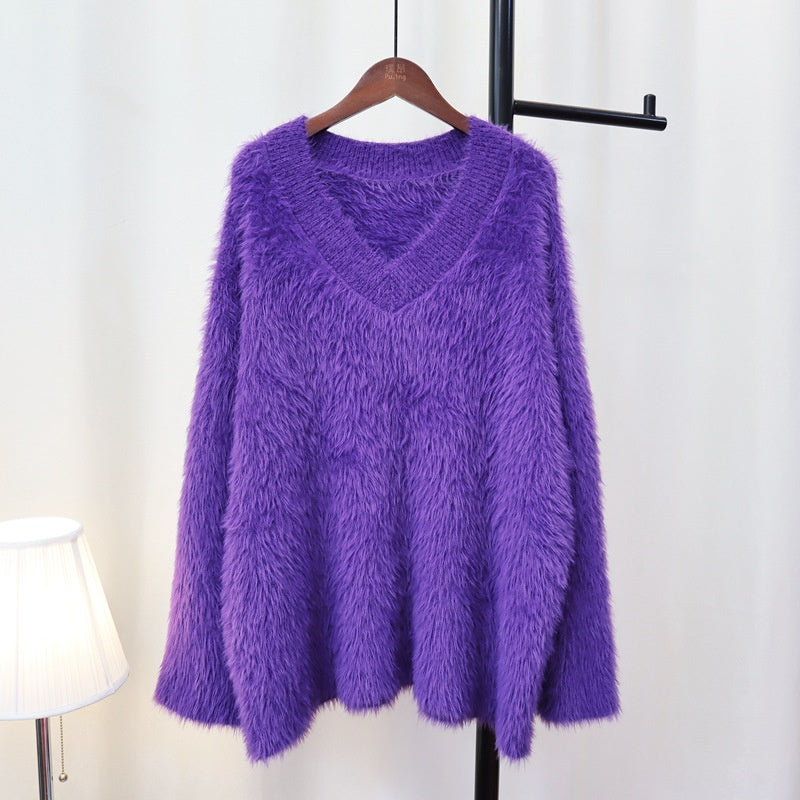 Fluffy V-Neck Loose Knit Sweater