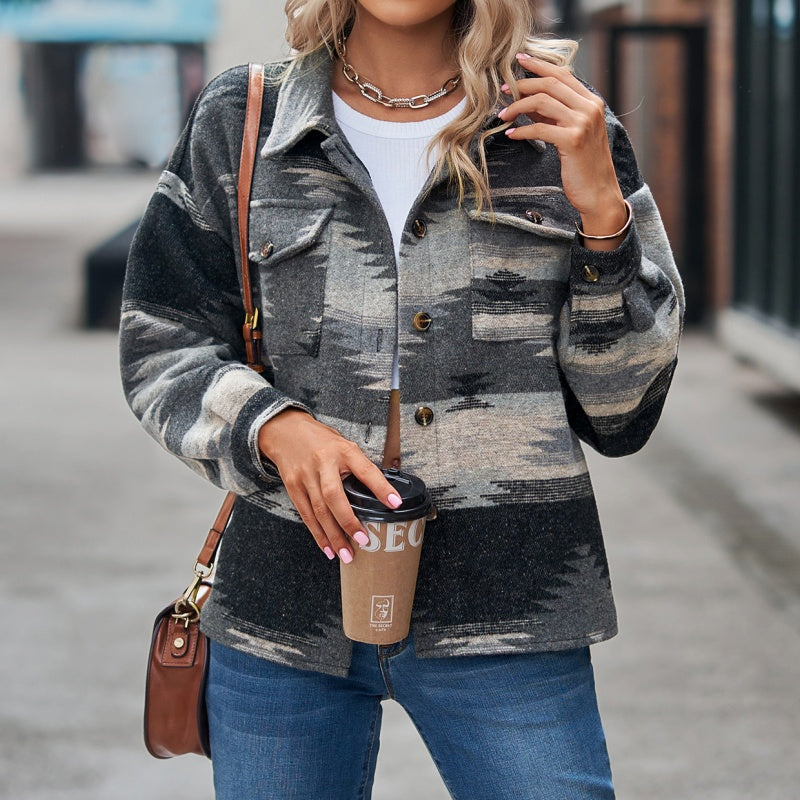 Geometric Print Cropped Loose Collar Jacket