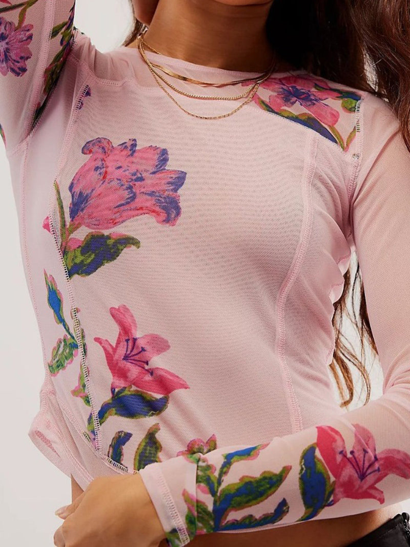 Floral Print Long-Sleeve Crop Top