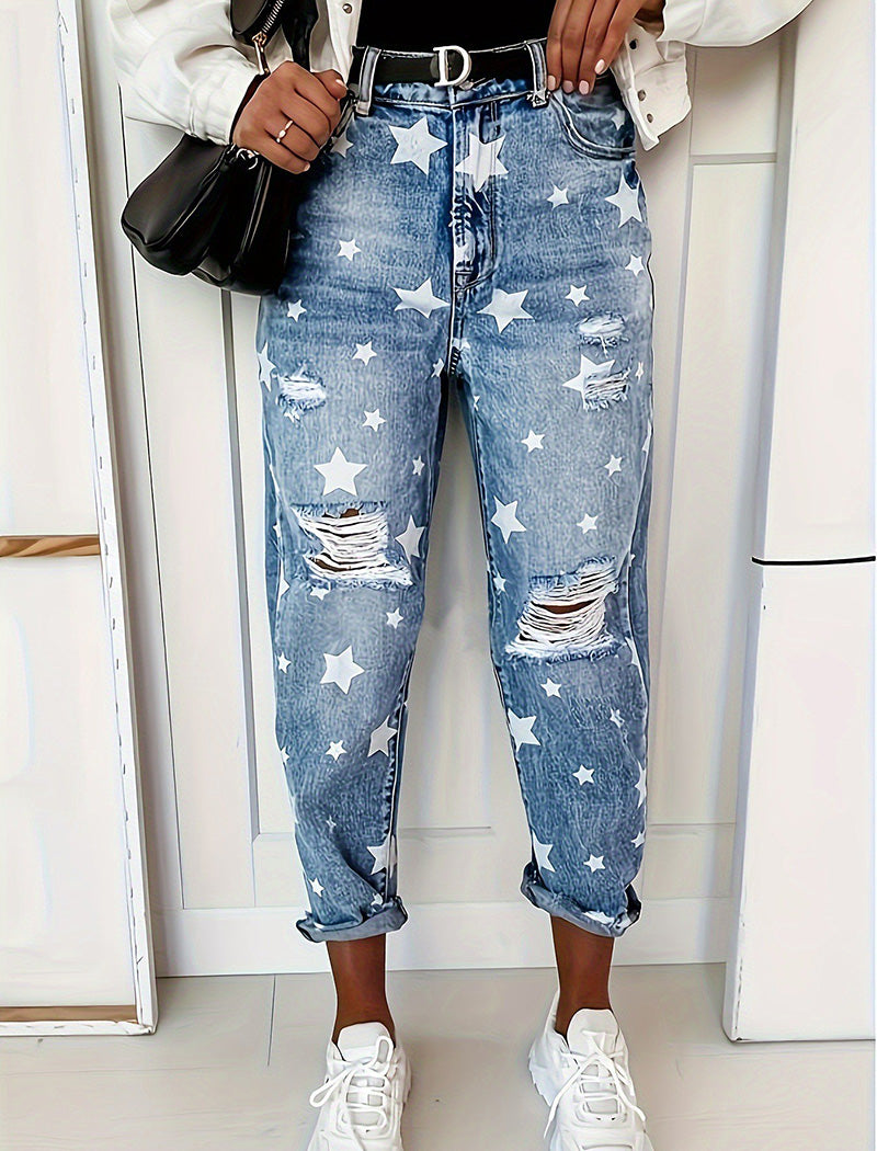 Star Print Distressed Boyfriend Jeans