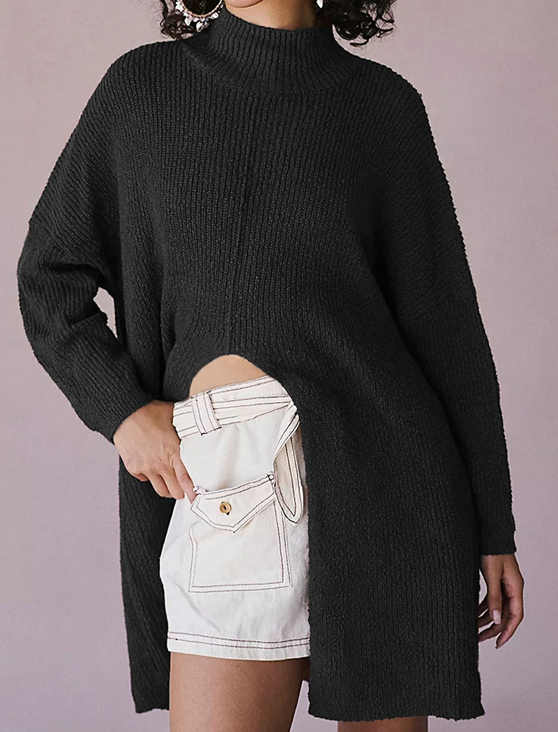 Mock-Neck Knitted Split Pullover