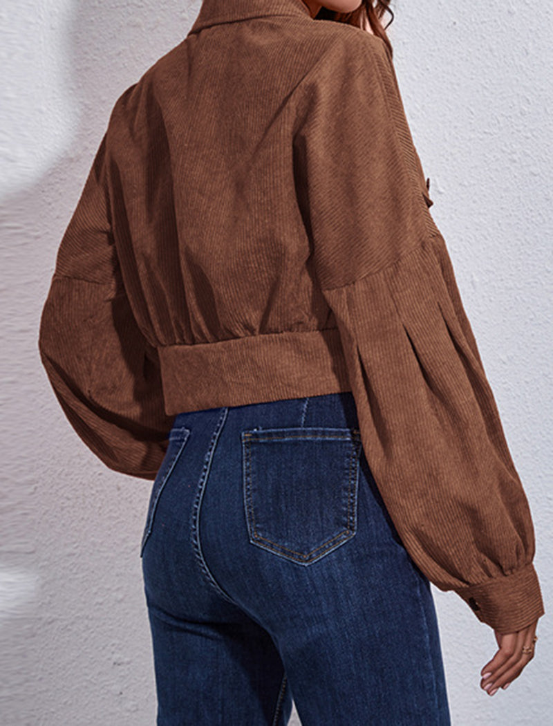 Corduroy Lantern Sleeve Cropped Jacket