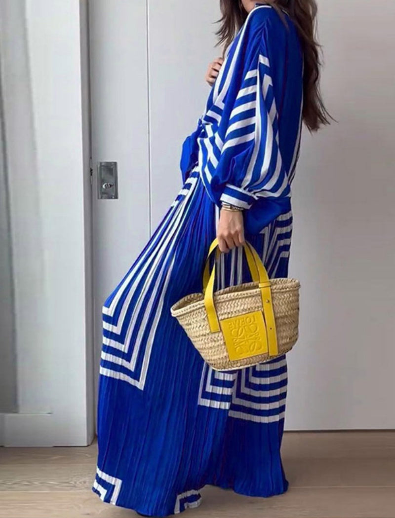 Geometric Striped Tie-Front Shirt and Pants Set