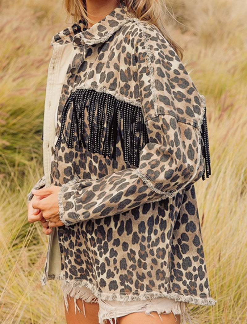 Leopard Fringe Denim Jacket with Raw Hem