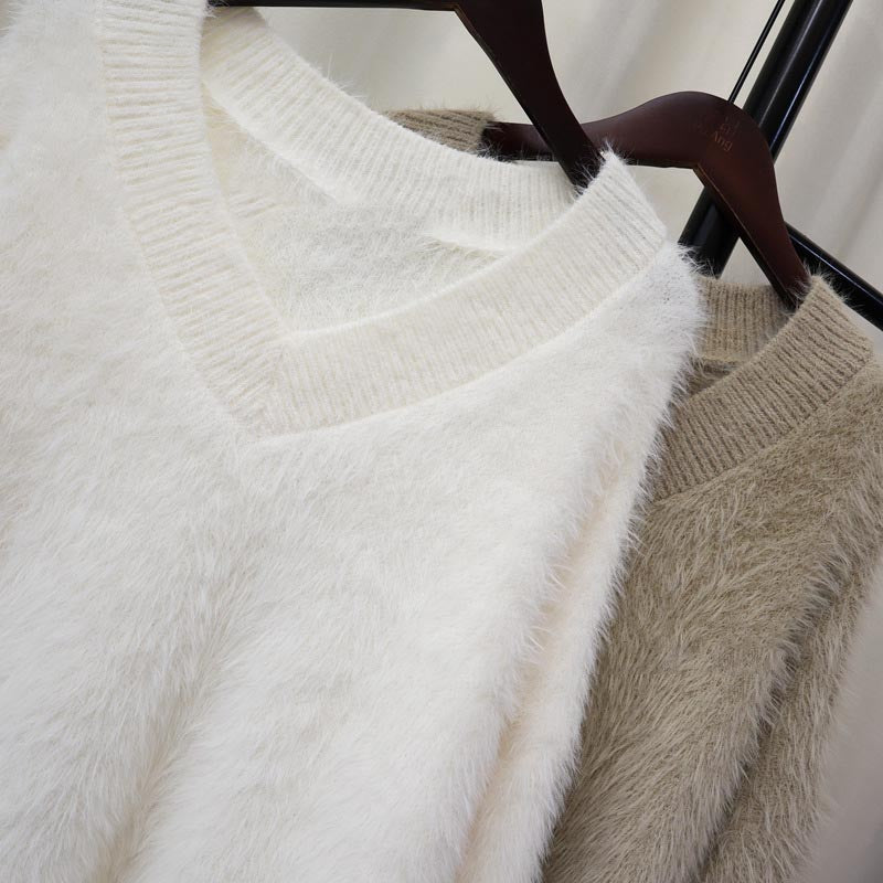 Fluffy V-Neck Loose Knit Sweater