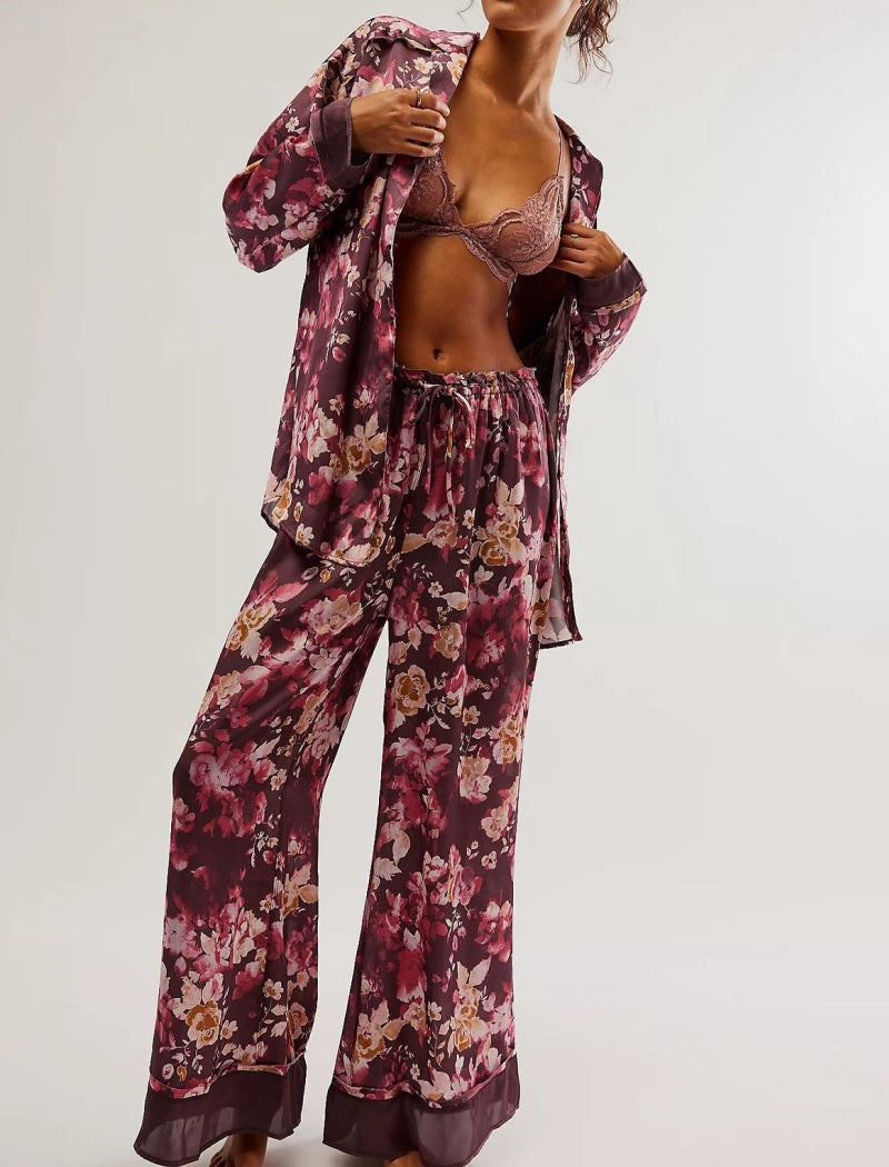 Floral Print Satin Long-Sleeves and Pants Pajama Set