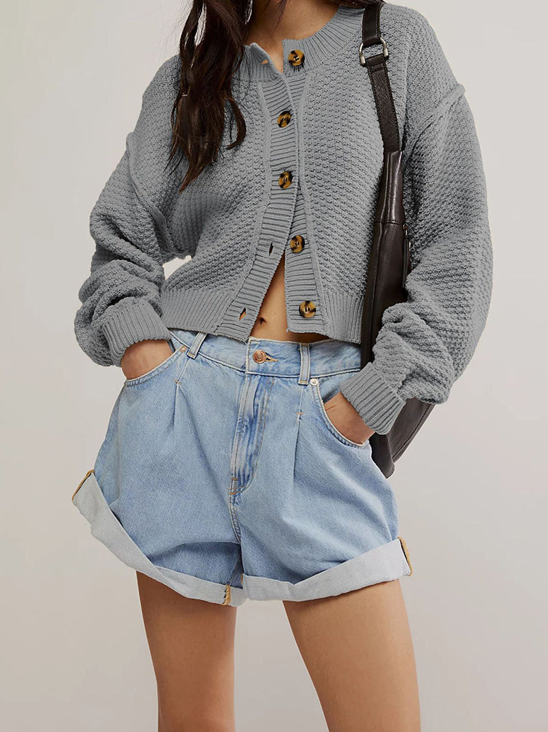 Cropped Button-Up Textured Sweater