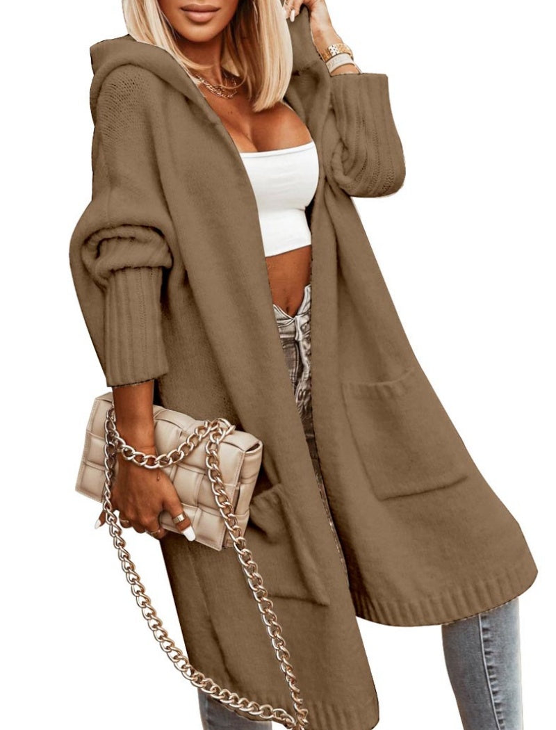 Solid Color Hooded Mid-Length Knit Cardigan