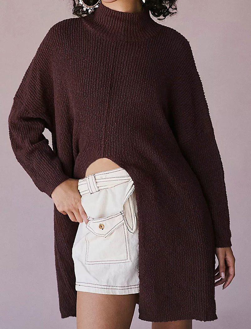 Mock-Neck Knitted Split Pullover