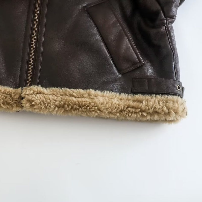 Faux Shearling Collar Zip-Up Jacket