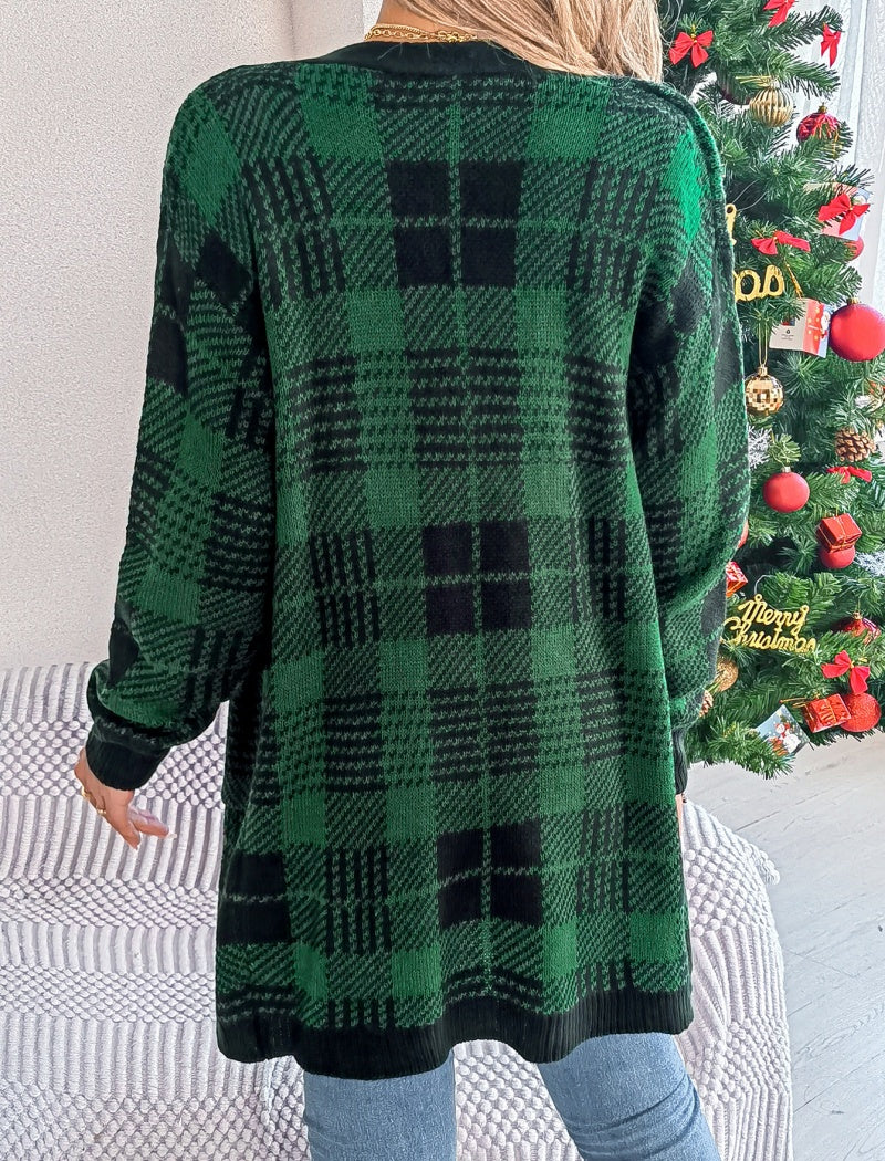Color-Blocked Checkered Long Sleeve Cardigan