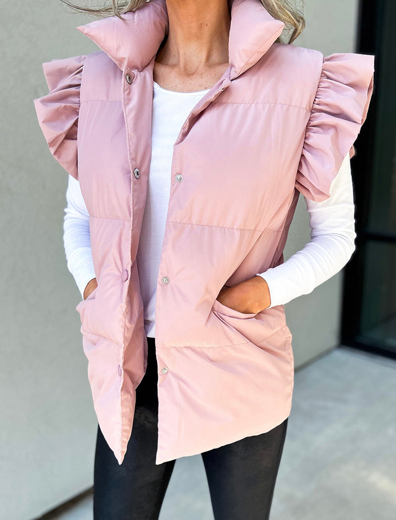 Ruffle Trim Quilted Sleeveless Vest