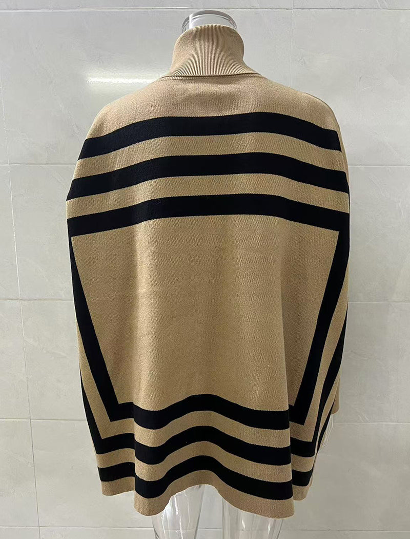 High Neck Striped Batwing Sleeve Cape Sweater