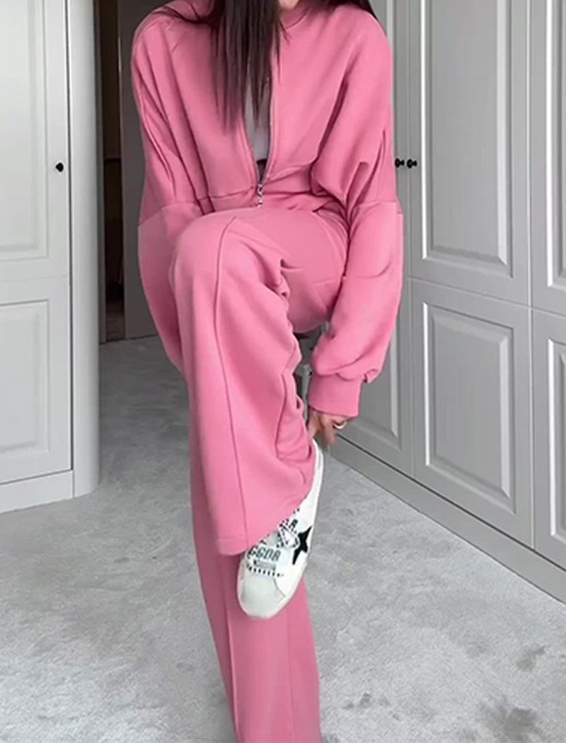 Zip-Up Jacket and Drawstring Wide-Leg Pants Set