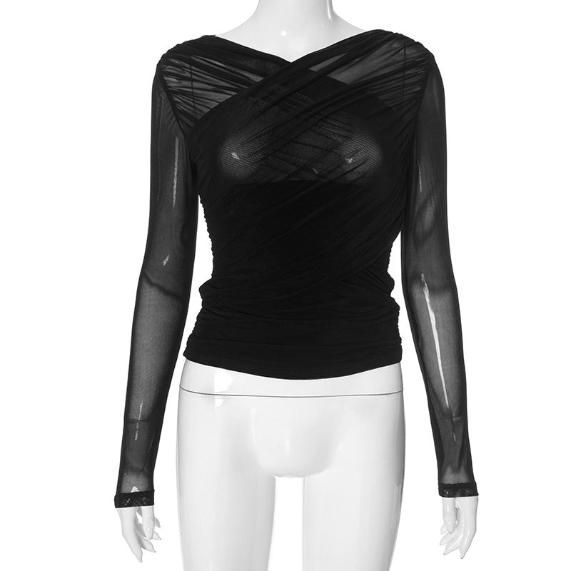 Draped Mesh Long Sleeve Top