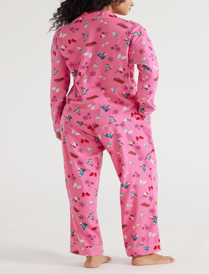 Long Sleeve Collared Christmas Print Lounge Set