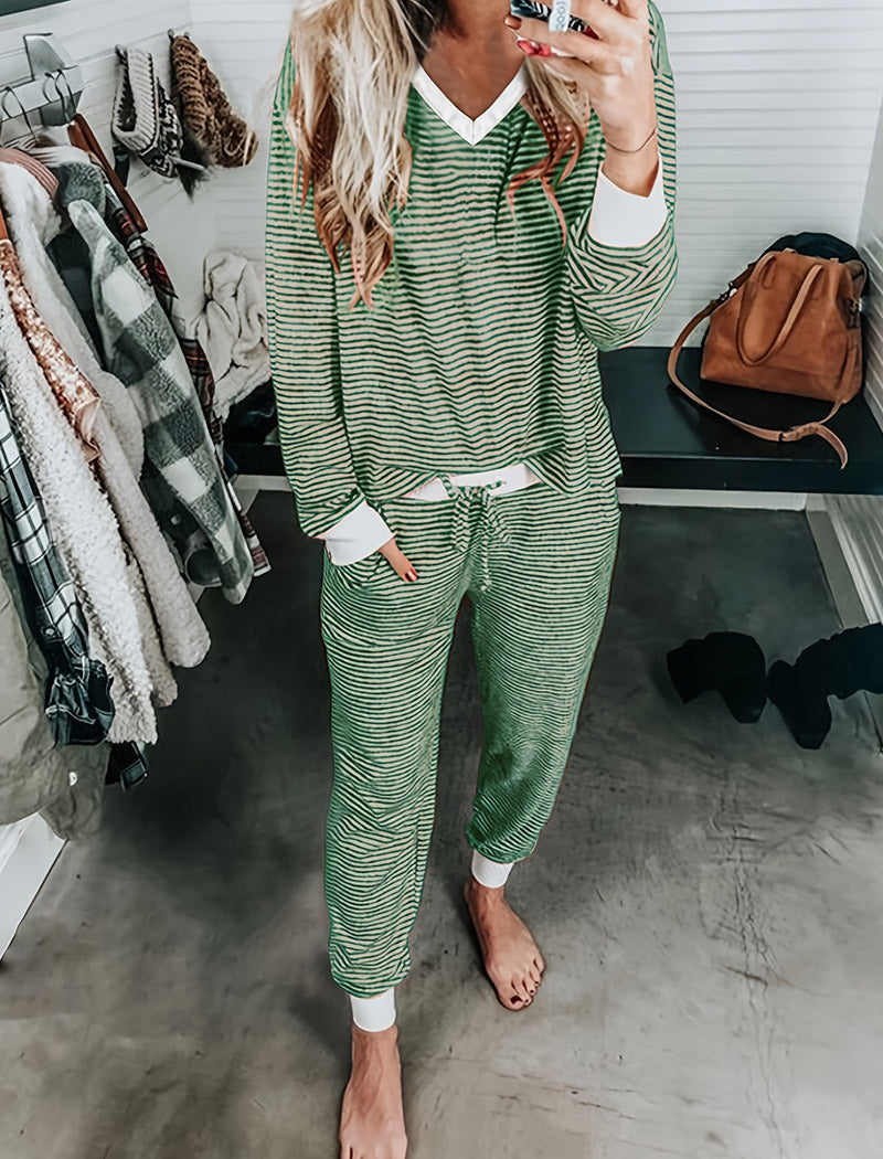 Striped Cozy Lounge Set with V-Neck
