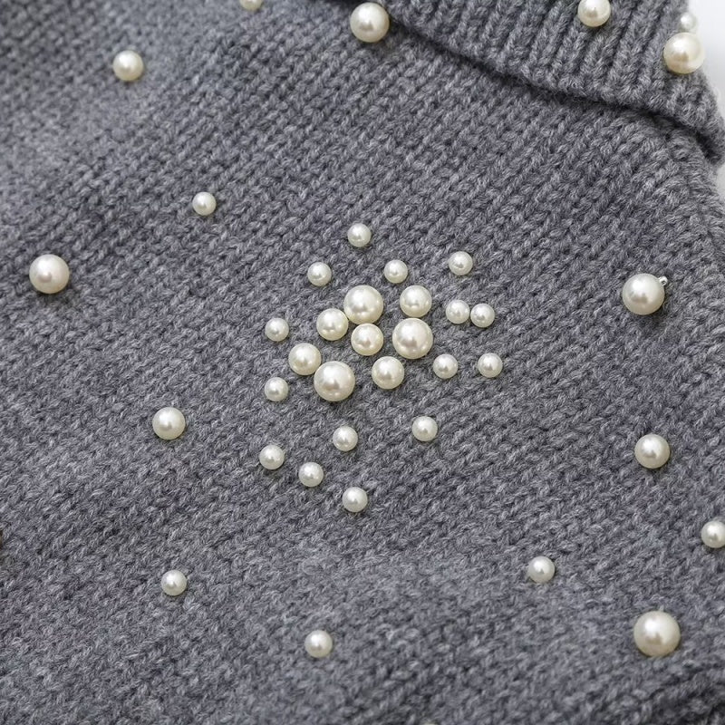 Pearl Detail Collared Long Sleeve Knit Coat
