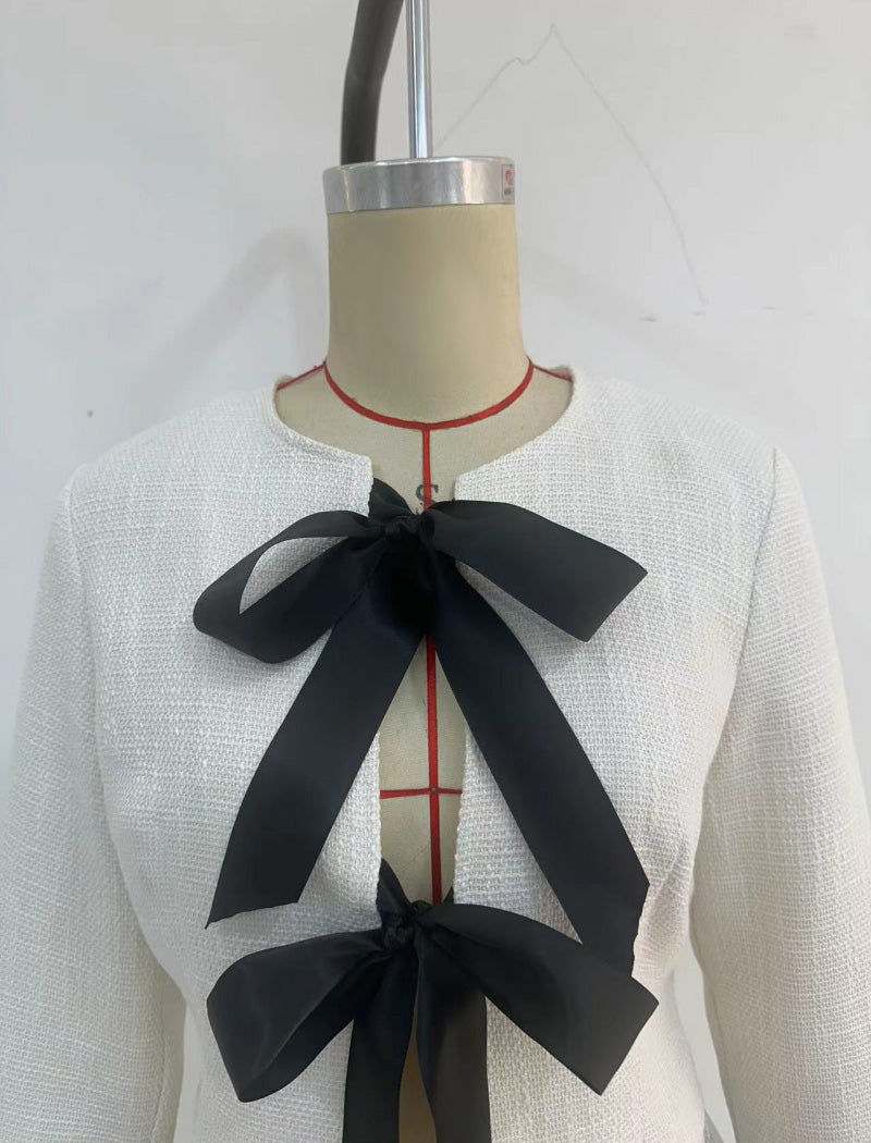 Bow-Accented Cropped Tweed Jacket