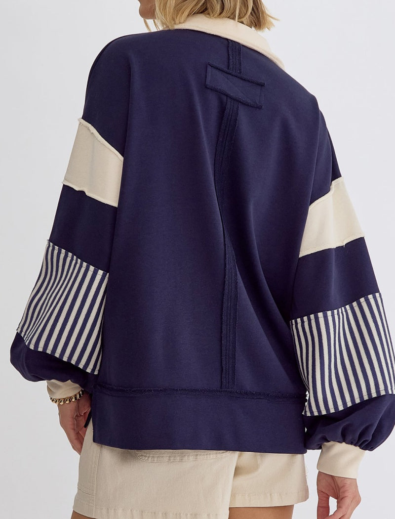 Striped Patchwork Pullover with V-Neck