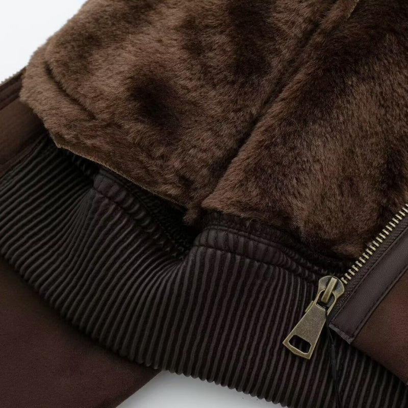 Cropped Shearling Collar Bomber Jacket